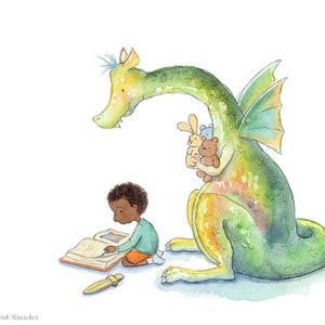 Boy Reading to a Dragon - Art Print - Children