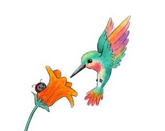 Eloise and Ladybug In the Garden - Hummingbird - Art Print