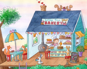 Little Tree Bakery Treehouse - Brown Hair or Blonde Hair Available -  Art Print