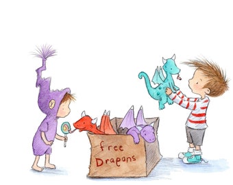 Title: Free Dragons - Art Print - Boy and Girl and Baby Dragons - Brown or Blonde Hair