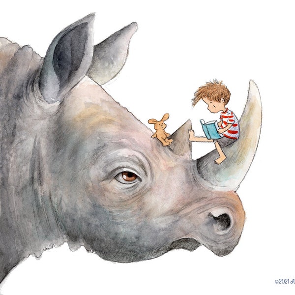 Rhino Story-  Light Brown or Dark Brown Hair - Boy Reading to Rhino - Art Print