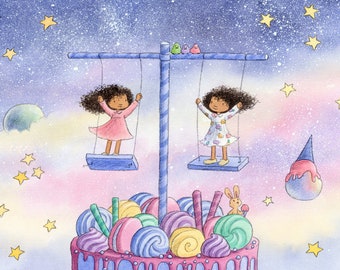 Ciel and Sky  - Sisters Twins on Cake Swing - Art Print