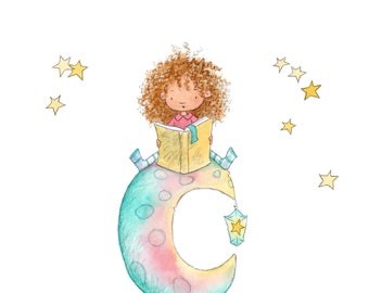 Faraway - Girl with Curly Hair Reading on Moon - Art Print