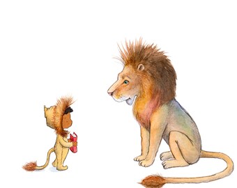 Lion Story - Boy and Lion - Art Print