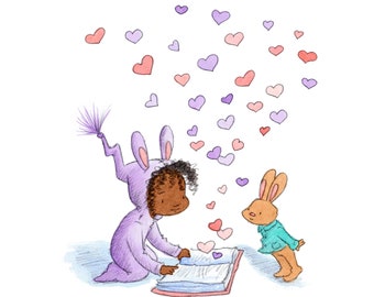 Bunny's Book - Toddler Baby Girl Reading  - Art Print