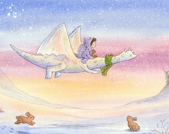 Winter Dragon - Girl and White Dragon - Art Print