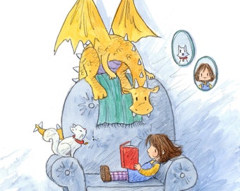 Natasha - Brunette or Blonde Girl and Yellow Dragon Reading Books - Art Print - Children