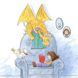 Natasha - Brunette or Blonde Girl and Yellow Dragon Reading Books - Art Print - Children