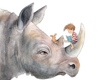 Rhino Story-  Light Brown or Dark Brown Hair - Boy Reading to Rhino - Art Print