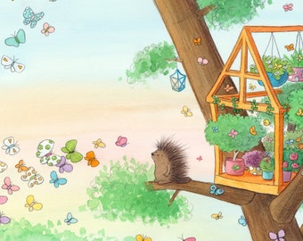 Felix- Porcupine and Butterflies - Treehouse - Art Print