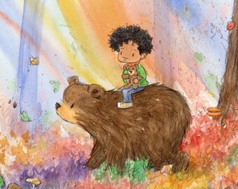 True Story-  Boy Riding Bear - Art Print