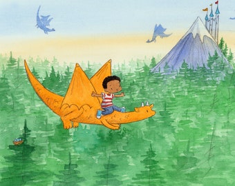 Dragons Over The Forest  - Boy Riding Orange Dragon - Art Print