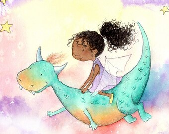 She Flies Dragons - African American Girl with Curly Hair Riding Dragon- Fine Art Print