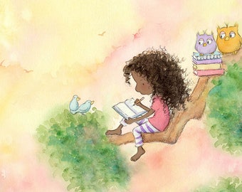 Girl With Long Curly Hair Writing with Bluebird - The GIRL Who WROTE STORIES  Art Print