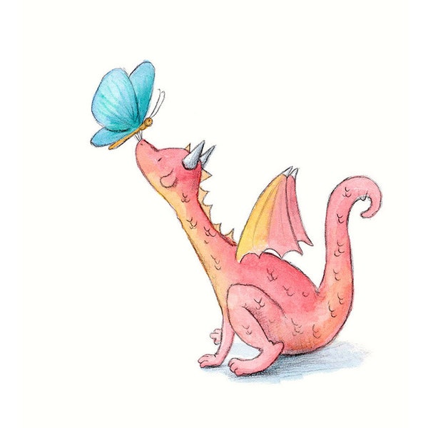 Petal the Dragon and Blue Butterfly - Art Print