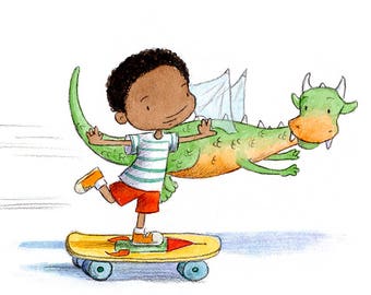 Dragon Race - Boy on Skateboard Racing Dragon - Art Print - Children