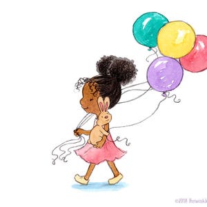 A Bunny&#39;s Birthday - Girl and Bunny with Balloons - Art Print