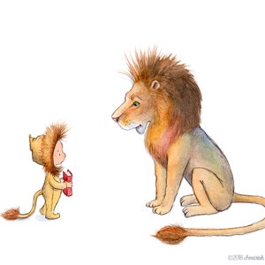 Lion Story - Boy and Lion - Art Print