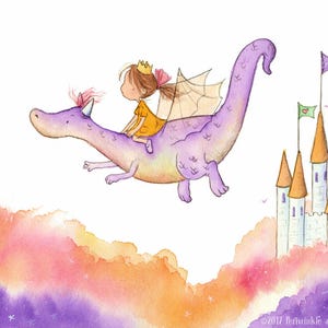 The Princess and the Dragon Brunette or Blonde Girl on Purple Dragon Art Print Children image 1