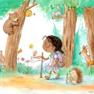 Periwinkle and Hazel Discover the Woods - Girl Hiking with Hedgehog Friend  - Art Print