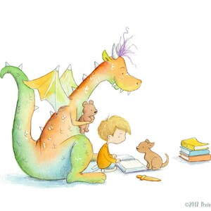 Blond Boy Reading to Red and Green Dragon - Art Print - Children