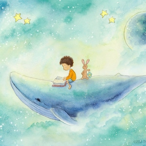 A Story About a Whale - Curly Brown Hair Boy Riding Whale - Art Print