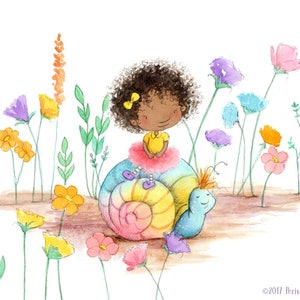 On the Back of a Snail - Little Fairy in Flower Garden- Curly Brunette - Art Print