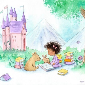 Storybook Castle - Girl Reading to Baby Bear and Bunny - Art Print for Nursery