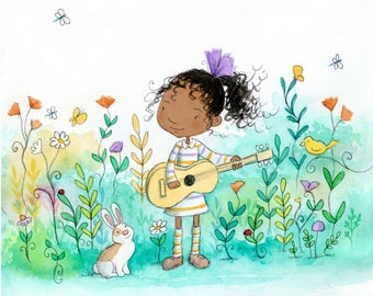 Musical Garden - Black Girl with Curly Hair Playing Guitar - Art Print