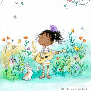 Musical Garden - Black Girl with Curly Hair Playing Guitar - Art Print