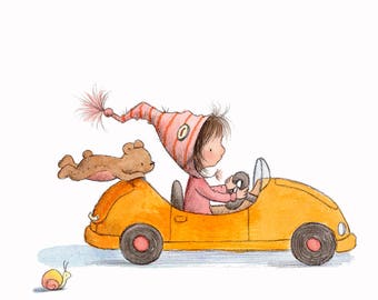 Baby Toddler Girl and Bear - Pink - The RACE CAR DRIVER - Art Print - Nursery