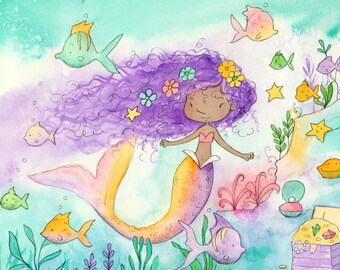 Mermaid with Purple Hair - African American Girl -  Art Print