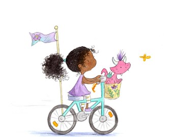 Just Another Saturday Afternoon - African American Curly Hair Brunette Riding Bike with Pink Dragon - Art Print