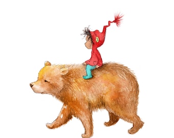 Her Teddy Bear - Girl Toddler Riding Brown Bear - Art Print