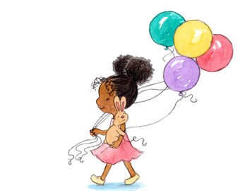A Bunny&#39;s Birthday - Girl and Bunny with Balloons - Art Print