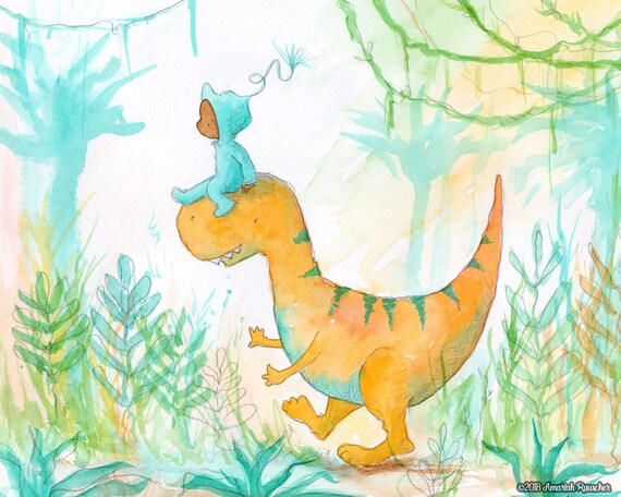 Toddler Boy Riding T-rex Art Print Children | Etsy