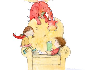 It Says Here That You Can Breathe Fire - Brother and Sister and Red Dragon Reading Books - Brown Hair or Blonde Hair - Art Print - Children