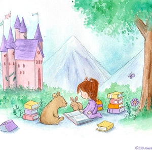 Storybook Castle - Auburn Hair Girl Reading to Baby Bear and Bunny - Art Print for Nursery