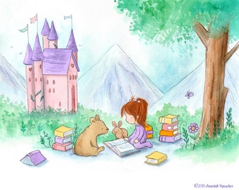 Storybook Castle - Auburn Hair Girl Reading to Baby Bear and Bunny - Art Print for Nursery