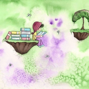 The GIRL Who LIKED To READBlack Hair or Blonde - Girl Reading On an Island With Dragonflies    - Fine Art Print