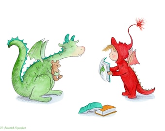 It Says Right Here That Dragons Don't Have Teddy Bears - Boy with Blond Hair - Green Dragon - Art Print - Children