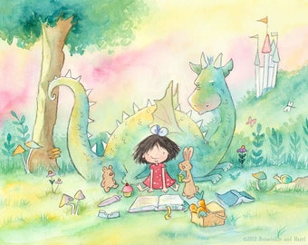 Mabel's Dragon  - Girl with Brunette or Blonde Hair Reading to a Dragon - Art Print