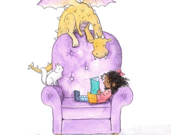 Lydia Reads a Story - Brunette Girl and Purple Dragon Reading Books - Art Print - Children