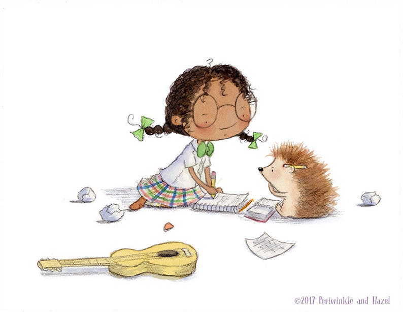 The Songwriters African American Girl Writing Songs with Hedgehog Art Print image 1