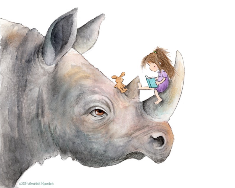 Rhino Story Brown or Blonde Hair Girl and Rhino Art Print image 1