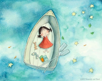 Starry Night- Brunette Girl in Boat - Art Print