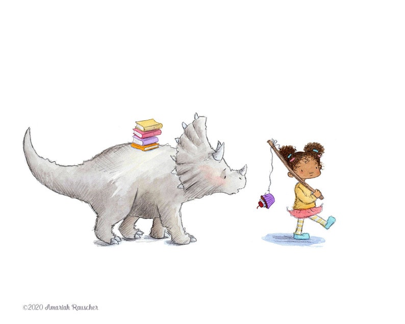 Taking A Triceratops to the Library Girl and Triceratops Art Print Children image 1