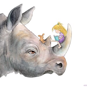 Rhino Story Brown or Blonde Hair Girl and Rhino Art Print image 2