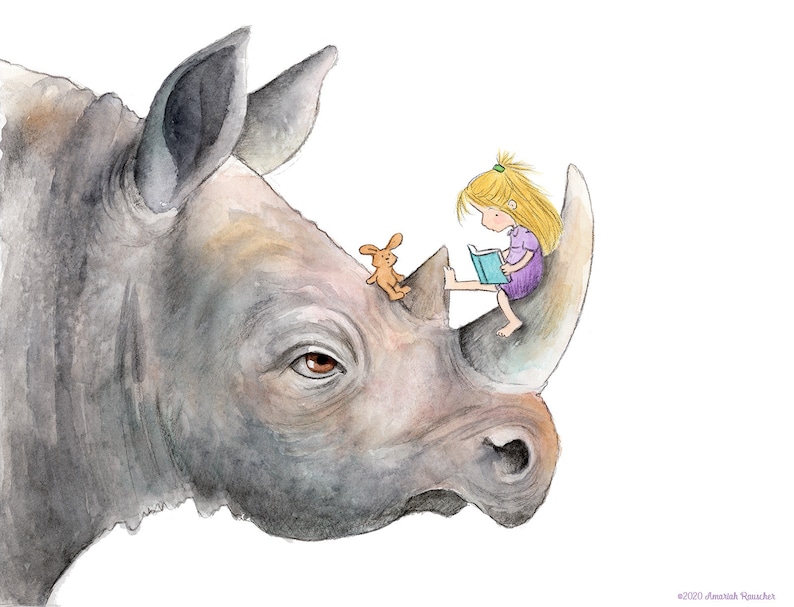 Rhino Story Brown or Blonde Hair Girl and Rhino Art Print image 2