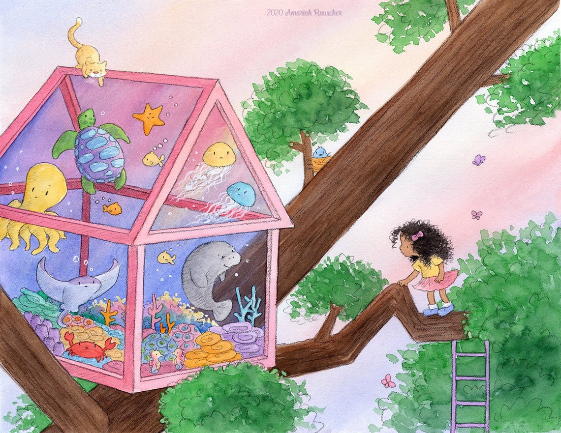 Beatrice Girl and Aquarium Treehouse Art Print Etsy